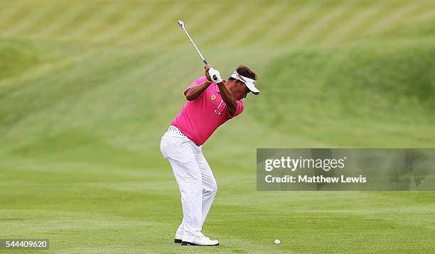 Thongchai Jaidee of Thailand plays a shot from the fairway during day four of the 100th Open de France at Le Golf National on July 3, 2016 in Paris,...