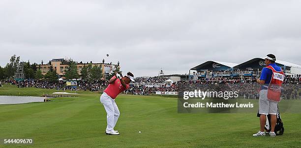Thongchai Jaidee of Thailand plays his third shot from the 18th fairway during day four of the 100th Open de France at Le Golf National on July 3,...