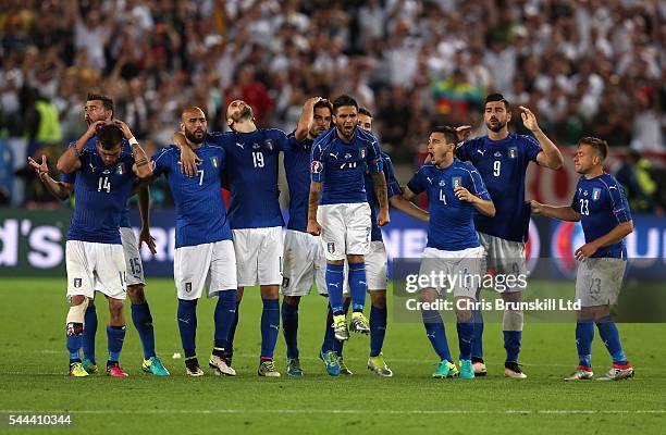 Italy show their frustration during the penalty shoot out following the UEFA Euro 2016 Quarter Final match between Germany and Italy at Nouveau Stade...