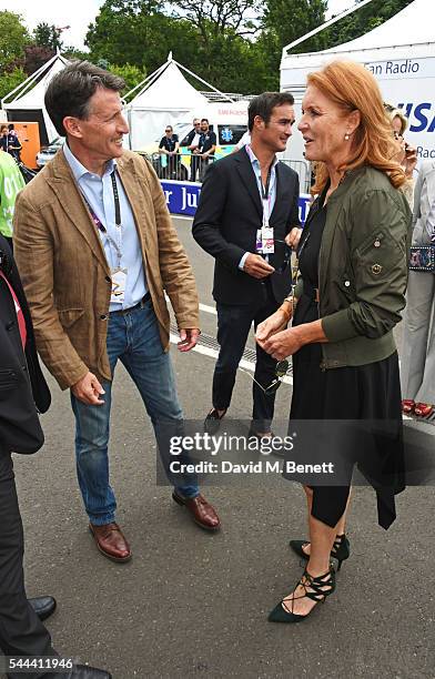 Lord Sebastian Coe, Manuel Fernandez and Sarah Ferguson, Duchess of York, attend day 2 of the 2016 FIA Formula E Visa London ePrix in Battersea Park...