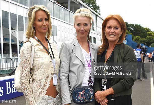 Lady Victoria Hervey, Tamara Beckwith and Sarah Ferguson, Duchess of York, attend day 2 of the 2016 FIA Formula E Visa London ePrix in Battersea Park...