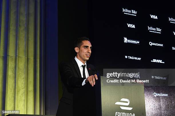 Sebastien Buemi accepts his award at the 2016 FIA Formula E Visa London ePrix gala dinner at The British Museum on July 3, 2016 in London, England.