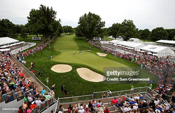 General view of the 18th green as Charl Schwartzel of South Africa and Dustin Johnson finish their round during the final round of the World Golf...