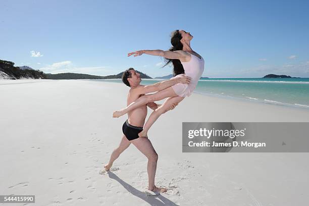 Four dancers from The Australian Ballet rehearsing their moves on June 11, 2010 in Whitehaven Beach, Queensland. The Australian Ballet performance is...