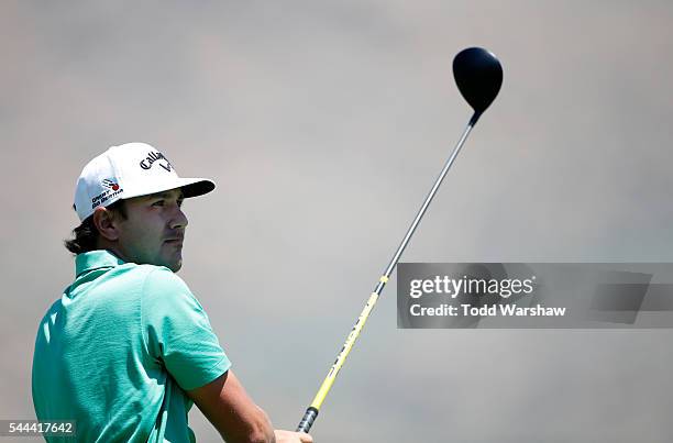 Kelly Kraft plays his shot from the second tee during the final round of the Barracuda Championship at the Montreux Golf and Country Club on July 3,...