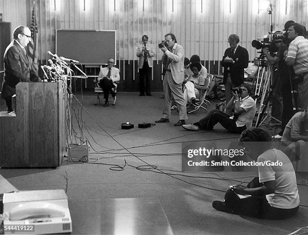 Dr. David Sencer, Fmr, 1976. CDC Director at a press conference on Legionnaire's disease. Press conference on Legionnaire's disease held at CDC,...