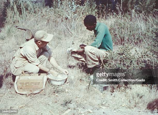 Men conducting a plague study in the San Francisco area by capturing vector-carrying rodents, 1961. Field workers are collecting trapped rodents in...