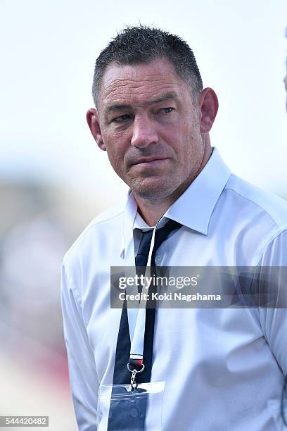 Head coach of Sunwolves Mark Hammett looks on after losing the round 15 Super Rugby match between the Sunwolves and the Waratahs at Prince Chichibu...