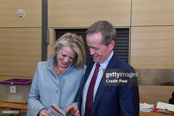 Opposition Leader, Australian Labor Party Bill Shorten and his wife Chloe Shorten vote at Moonee Ponds West Public School polling booth on July 2,...
