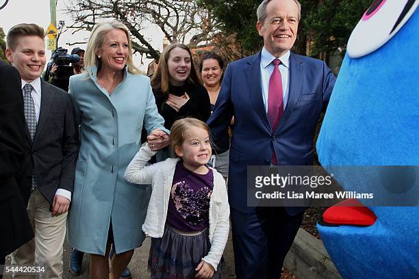 Leader of the Opposition, Australian Labor Party Bill Shorten, wife Chloe Shorten and children Rupert, Clementine and Georgette arrive at Moonee...