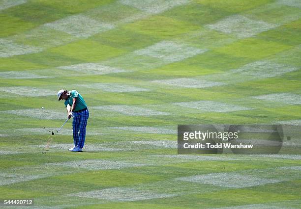 Kelly Kraft plays his shot on the first fairway during the final round of the Barracuda Championship at the Montreux Golf and Country Club on July 3,...