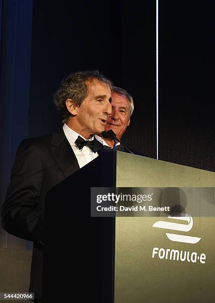 Alain Prost and Jean-Paul Driot accept their awards at the 2016 FIA Formula E Visa London ePrix gala dinner at The British Museum on July 3, 2016 in...