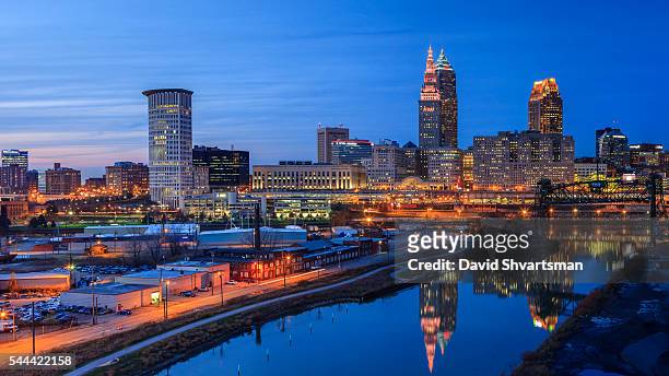 cleveland skyline view at blue hour from the hope memorial bridge - cleveland ohio stock pictures, royalty-free photos & images