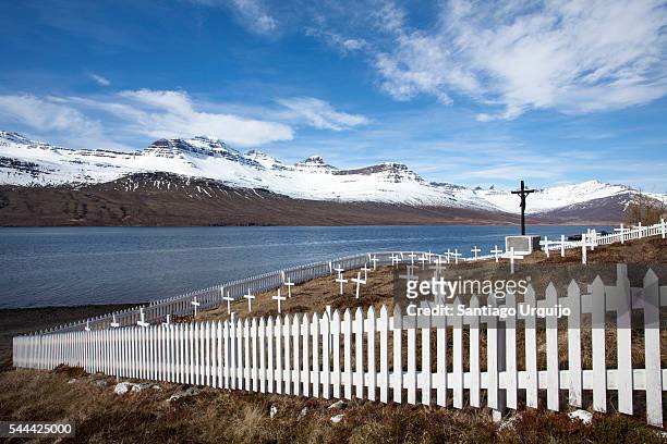 french graveyard in faskrudsfjordur - summit view cemetery stock pictures, royalty-free photos & images