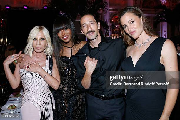 Donatella Versace, model Naomi Campbell, actors Adrien Brody and Jennifer Garner attend the Amfar Paris Dinner - Stars gather for Amfar during the...