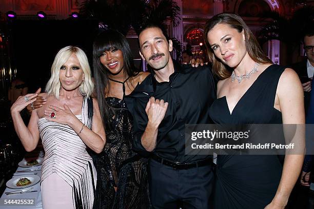 Donatella Versace, model Naomi Campbell, actors Adrien Brody and Jennifer Garner attend the Amfar Paris Dinner - Stars gather for Amfar during the...