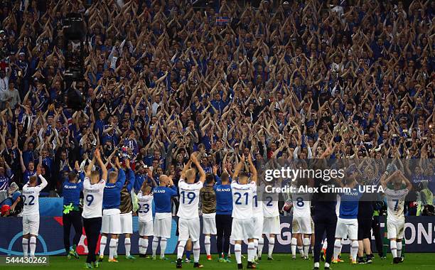 Fans of Iceland show their support for their team after the UEFA EURO 2016 quarter final match between France and Iceland at Stade de France on July...