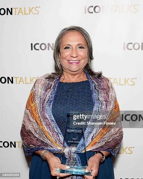 Cathy Hughes, founder and Chairperson of Radio One, Inc., poses with her Icon Award at Icon Talks on June 30, 2016 in Washington, DC.