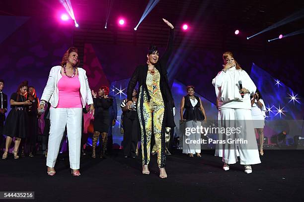 Jacky Cullum Chisholm, Dorinda Clark-Cole, and Karen Clark Sheard from The Clark Sisters attend the 2016 ESSENCE Festival Presented By Coca-Cola at...