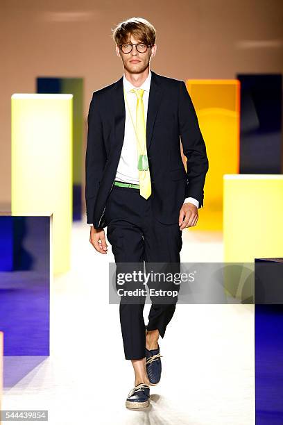 Model walks the runway at the Antonio Miro designed by Alberto Villagrasa show during the Barcelona 080 Fashion Week Spring/Summer 2017 at the INEFC...