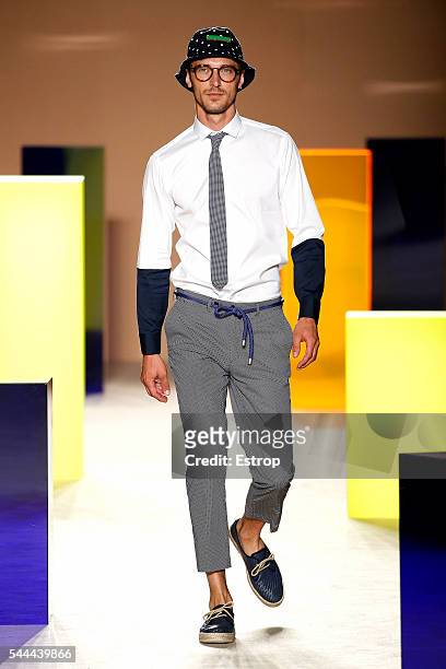 Model walks the runway at the Antonio Miro designed by Alberto Villagrasa show during the Barcelona 080 Fashion Week Spring/Summer 2017 at the INEFC...