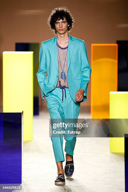 Model walks the runway at the Antonio Miro designed by Alberto Villagrasa show during the Barcelona 080 Fashion Week Spring/Summer 2017 at the INEFC...