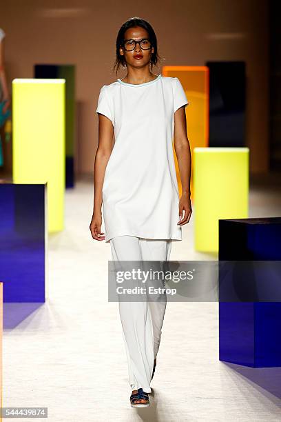 Model walks the runway at the Antonio Miro designed by Alberto Villagrasa show during the Barcelona 080 Fashion Week Spring/Summer 2017 at the INEFC...