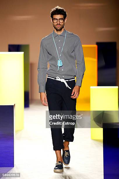 Model walks the runway at the Antonio Miro designed by Alberto Villagrasa show during the Barcelona 080 Fashion Week Spring/Summer 2017 at the INEFC...