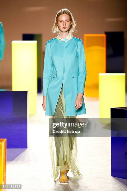 Model walks the runway at the Antonio Miro designed by Alberto Villagrasa show during the Barcelona 080 Fashion Week Spring/Summer 2017 at the INEFC...