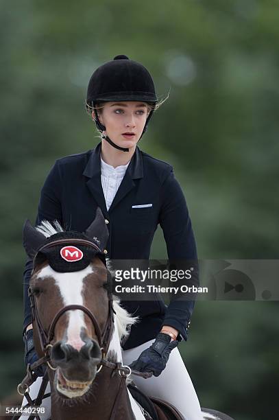 Mathilde Pinault, daughter of Francois-Henri Pinault competes at the Paris Eiffel Jumping 2016 held at Parc de Bagatelle on July 2, 2016 in Paris,...