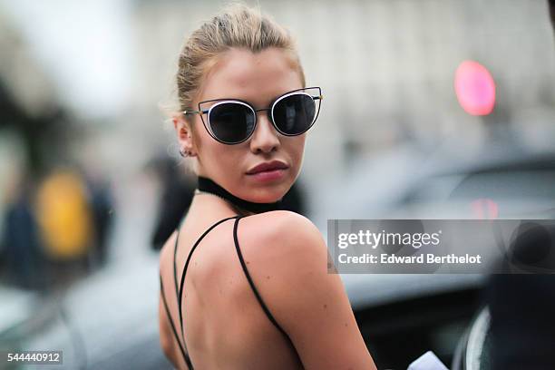 Stella Maxwell is seen after the Atelier Versace show, at Palais Brongniart, during Paris Fashion Week Haute Couture F/W 2016/2017, on July 3, 2016...