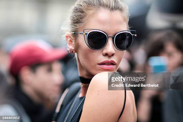 Stella Maxwell is seen after the Atelier Versace show, at Palais Brongniart, during Paris Fashion Week Haute Couture F/W 2016/2017, on July 3, 2016...