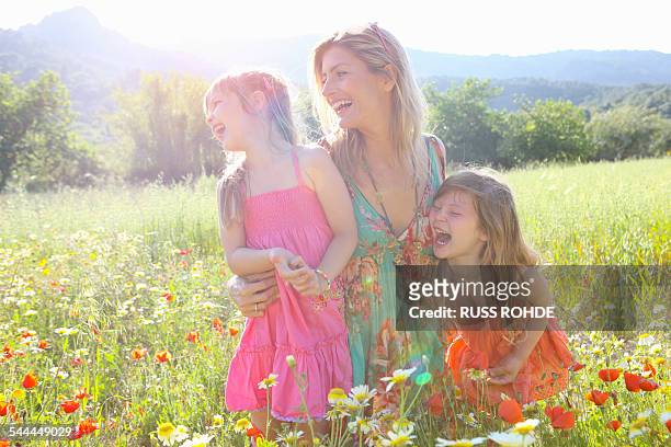 mid adult woman and two daughters laughing in wildflower meadow, majorca, spain - poppy flower bildbanksfoton och bilder