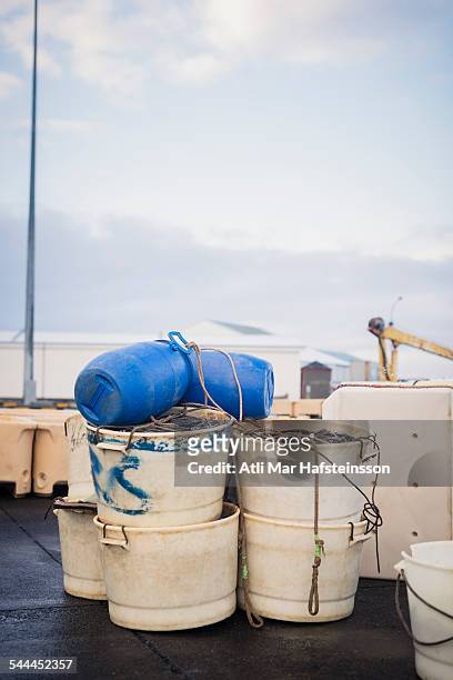 fishing lines and buoys on boat deck - olafsvik stock pictures, royalty-free photos & images