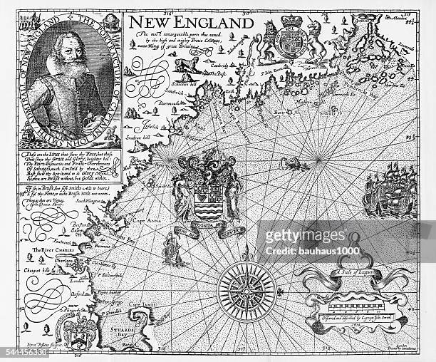 ilustraciones, imágenes clip art, dibujos animados e iconos de stock de mapa de nueva inglaterra por el explorador john smith, alrededor de 1624 - chesapeake bay