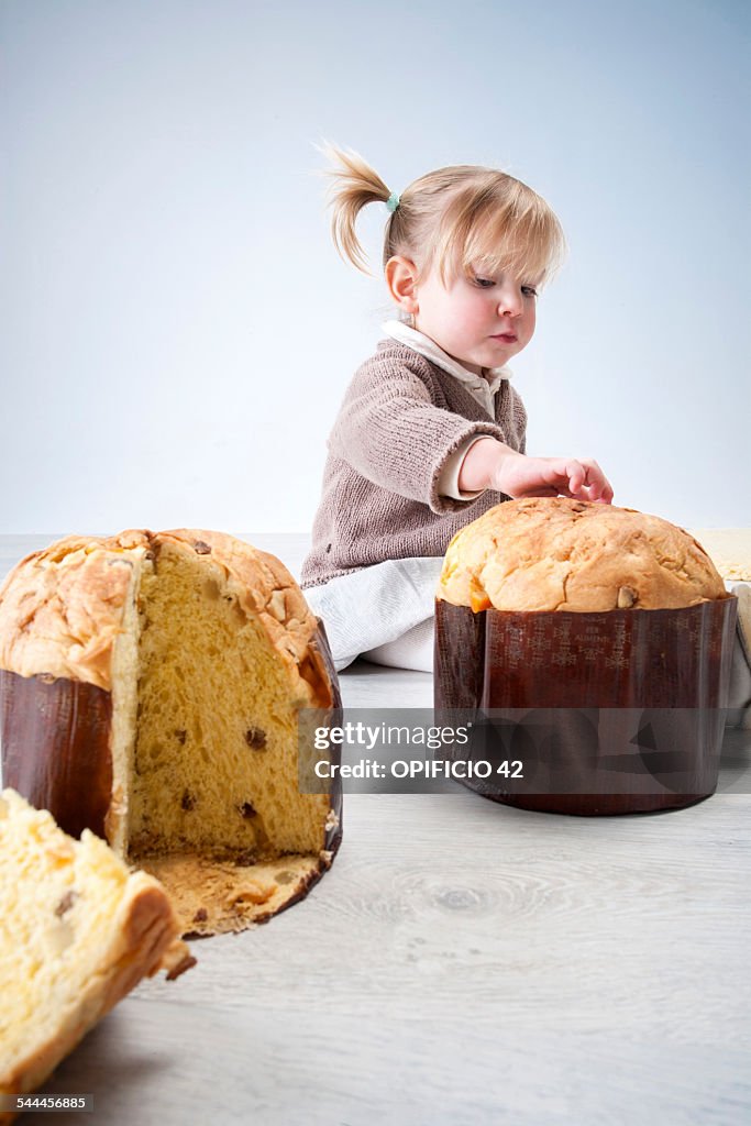 Female toddler sitting on floor with fingers on pannetone cake