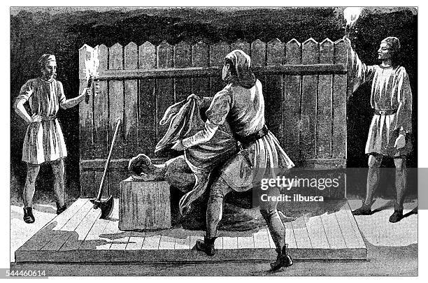 antique illustration of decapitation - axe stock illustrations