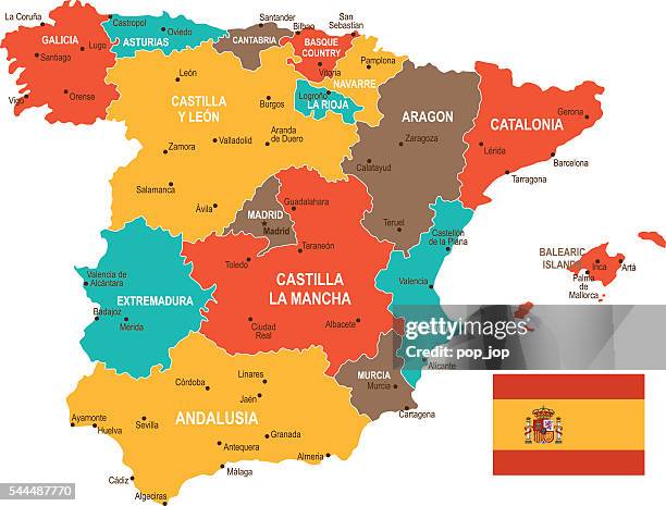 ilustraciones, imágenes clip art, dibujos animados e iconos de stock de colorido mapa de españa - valencia spain