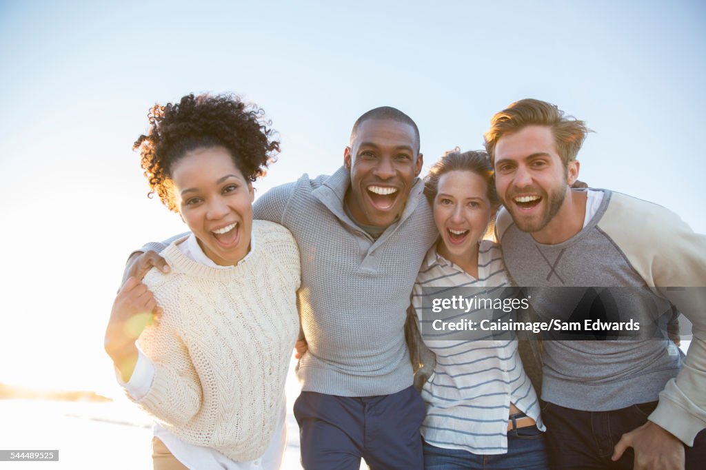 Portrait of cheerful friends in sunlight