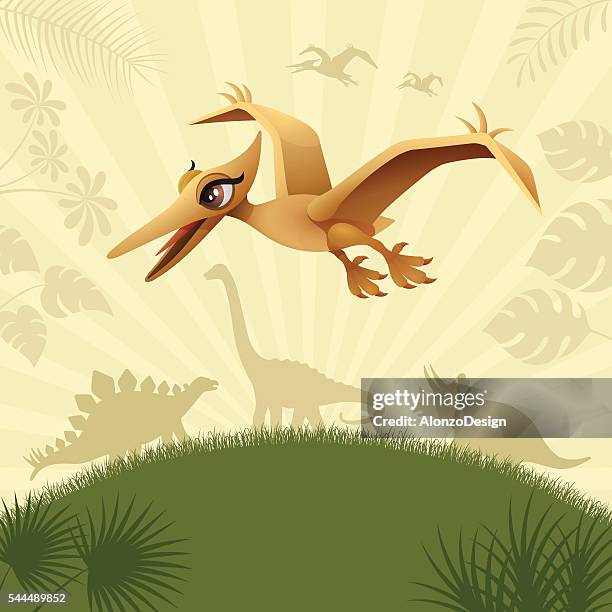 stockillustraties, clipart, cartoons en iconen met cute flying dinosaur - hadrosaurid