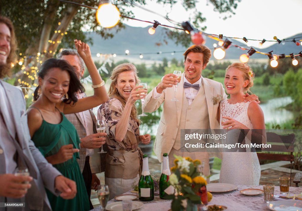 Casal jovem e convidados brindando com champanhe durante a recepção do casamento no jardim doméstico