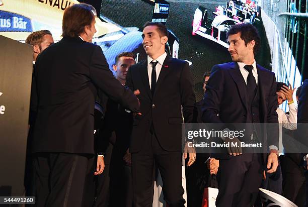 Emerson Fittipaldi, Sebastien Buemi and Nicolas Prost attend the 2016 FIA Formula E Visa London ePrix gala dinner at The British Museum on July 3,...