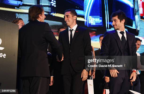 Emerson Fittipaldi, Sebastien Buemi and Nicolas Prost attend the 2016 FIA Formula E Visa London ePrix gala dinner at The British Museum on July 3,...