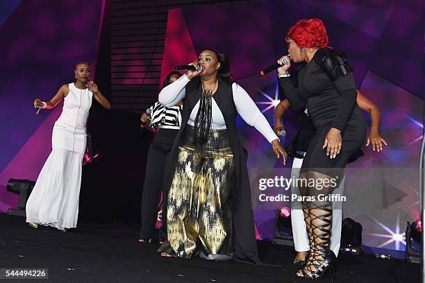 Latice Crawford, Candy West, Alexis Spight, Christina Bell, and Keyondra Lockett perform onstage at the 2016 ESSENCE Festival Presented By Coca-Cola...