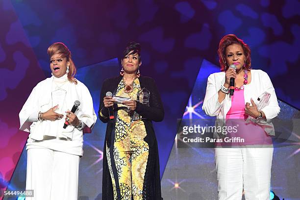 Karen Clark Sheard, Dorinda Clark-Cole, and Jacky Cullum Chisholm from The Clark Sisters speak onstage during the Tribute Finale at the 2016 ESSENCE...