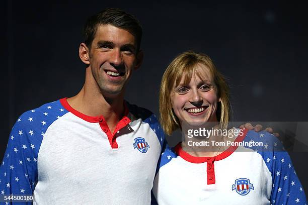 Michael Phelps and Katie Ledecky of the United States celebrate during Day Eight of the 2016 U.S. Olympic Team Swimming Trials at CenturyLink Center...