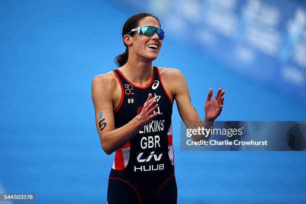 Helen Jenkins of Great Britain celebrates her third place during the ITU World Triathlon Stockholm on July 2, 2016 in Stockholm, Sweden.