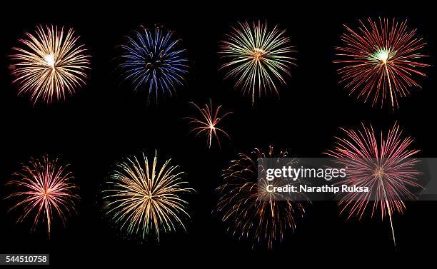 a variety of colorful fireworks isolated on black background - firework display fotografías e imágenes de stock