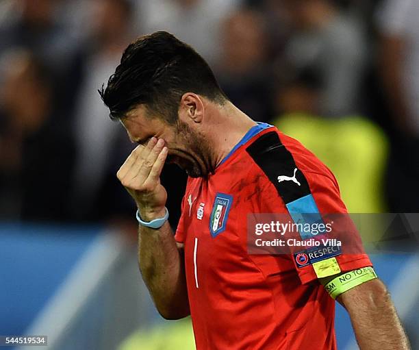 Gianluigi Buffon of Italy cries at the end of the UEFA Euro 2016 quarter final match between Germany and Italy at Stade Matmut Atlantique on July 2,...