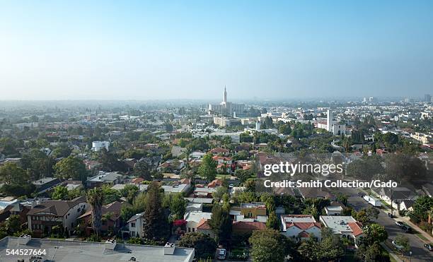 Aerial view of the Westwood neighborhood of Los Angeles on a hazy morning, with the Los Angeles Temple of the Church of Jesus Christ of Latter-Day...